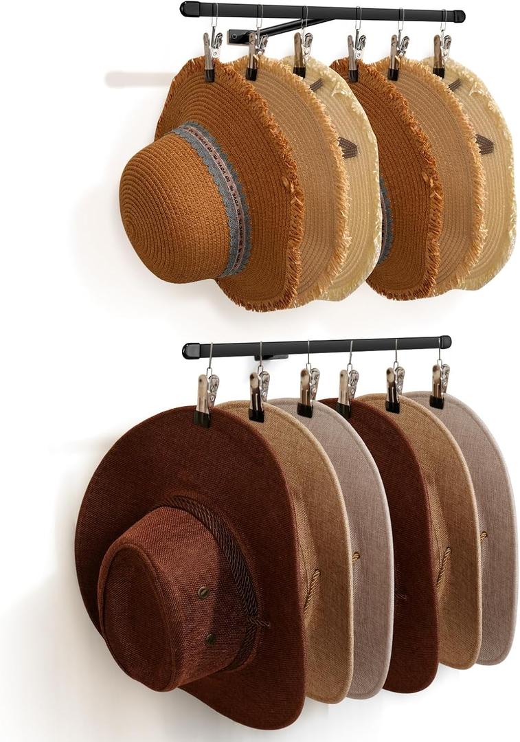 Hat Rack Organizer for 12 Cowboy Sun Wide-brim Hats Wall Mount, Metal Bucket Baseball Caps Winter Beanies Hanger for Closet Entryway Living Room Bedroom Holder for Large Hat 12 Clips Black 2 pics