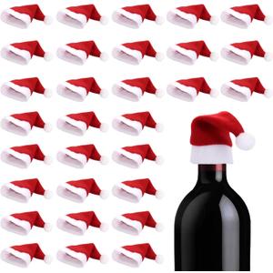ONEYIM 30PCS Mini Santa Hats Wine Bottles Cover Silverware Holder Home Christmas Decor