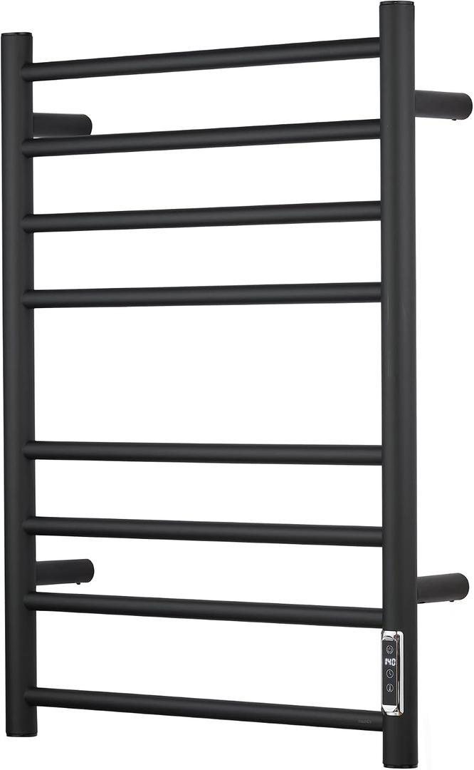 Electric Heated Towel Warmer with Timer & Temperature Control- Wall Mounted Bathroom Towel Rack, Plug-in Design & Brushed Stainless Steel Finish (Black with Timer, 8 Bar)