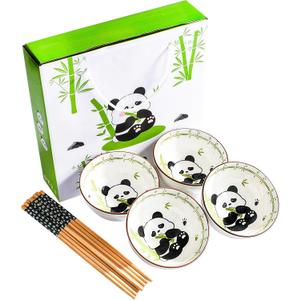 Cute Ceramic Rice Bowl Set with Bamboo Design and Chopsticks Set of 4, Durable Asian Tableware for Soup, Ramen, Cereal & Salad, Microwave Safe