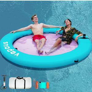Vapaus Round Floating Ring Inflatable Water Hammock Heavy Duty Lake Raft Float for Adults Tanning Pool Lounger Platform Mat with Pump Cup Holder Anchor Rope for Beach Party Dock Boat, Aqua/Pink