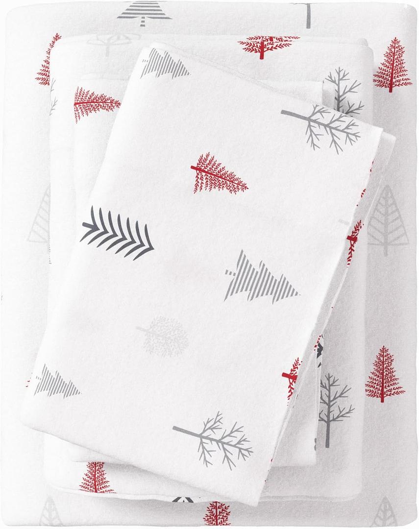 Great Bay Home Flannel Sheet Set Twin Size - 100% Turkish Cotton, Double-Brushed, Printed Bed Sheets - Ultra-Soft, Cozy, 3-Piece Bedding Set (Winter Trees - Red)
