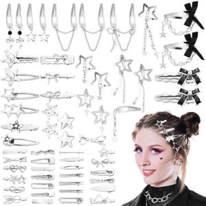 60 Pcs Silver Star Hair Clips for Women Y2k Metal Hair Barrette Styling Cool Bangs Cute Duck Bill Clips Accessories Set for 2000s, Goth, Punk, Emo and Kawaii Style