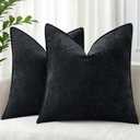 Spring Couch Throw Pillow Covers 24x24 Set of 2, Decorative Soft Euro Velvet Neutral Chenille Pillow Covers with Elegant Design for Sofa Bed Living Room Home Decor, Black