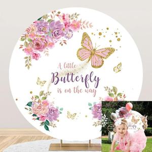 OERJU 6x6ft Butterfly Round Backdrop Cover A Little Butterfly is On The Way Watercolor Flower Photography Background Baby Shower Girls Birthday Party Decor Photo Studio Prop