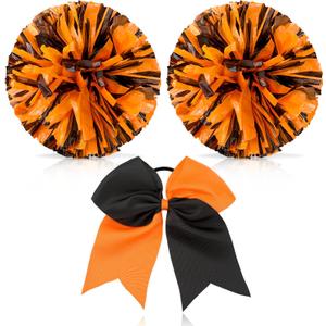 Hanaive 2 Pcs Cheerleading Pom Poms and Large Cheerleader Hair Bow Foil Pompoms Cheer for Team Cheering Squad Dance Rooters Accessories(Orange and Black,Matte)