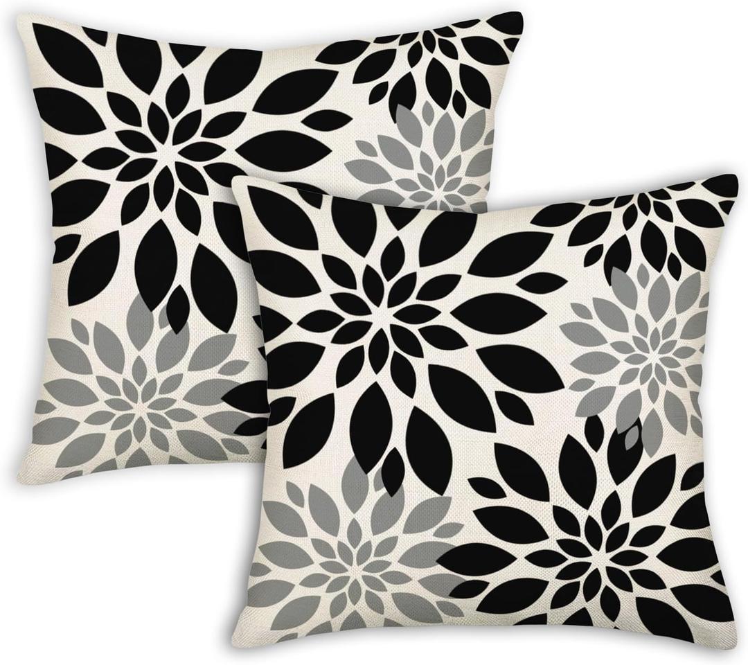 Black Dahlia Throw Pillow Covers 16X16 Inch Rustic Gray Grey Beige Geometric Floral Elegant Print Pillow Case Outdoor Farmhouse Square Cushion Cover Home Decor for Sofa Couch Bed, Set of 2