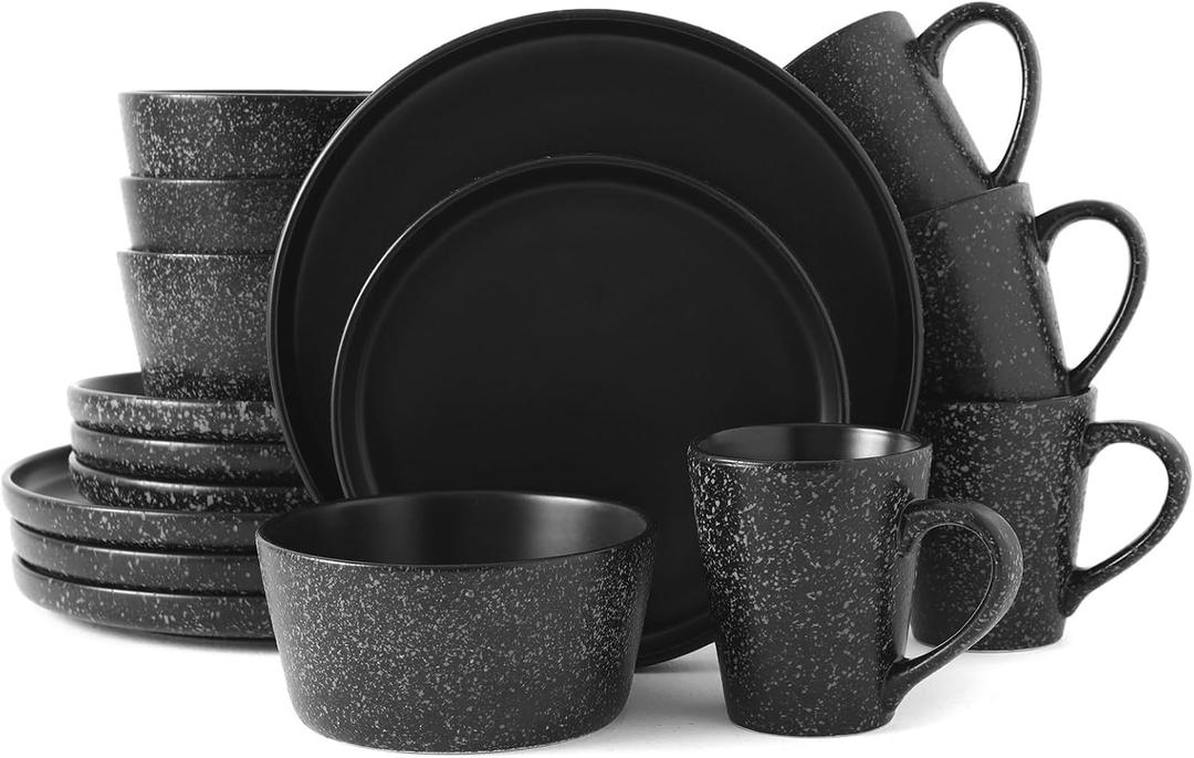 Bestone 16 Piece Round Kitchen Dinnerware Sets,Plates and Bowls sets,Dishes, Dinner Plates, Cereal Bowls SetBowls, Mugs, Dish SetPlates and Bowls,Service for 4, Stoneware Dinnerware, Black Matte