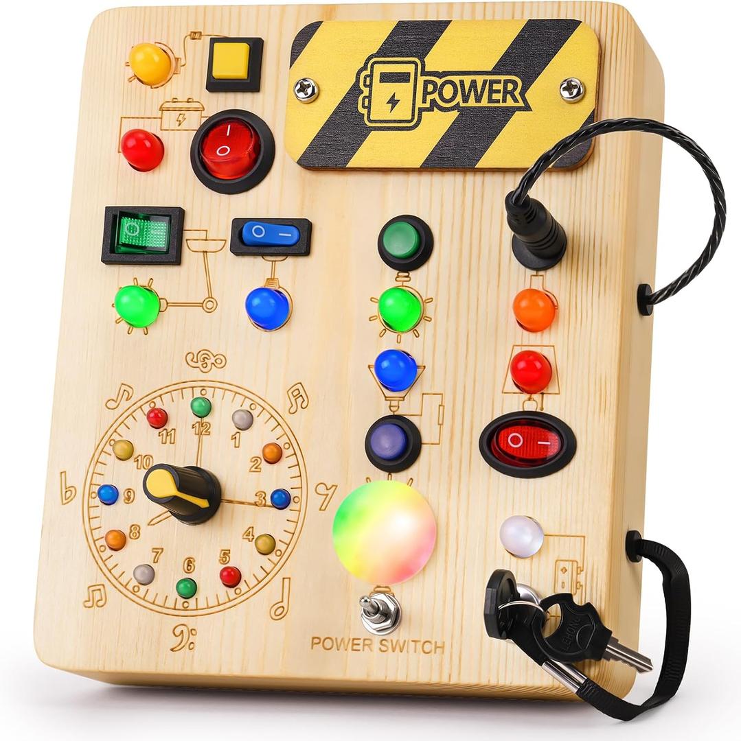 Busy Board with Led Light, Montessori Toys for 1-3 Years Old Boys Girls Wooden Toddler Toys Birthday Gift Educational Toys for 1+ Year Old, Toddler Travel Toy Sensory Toys for Kids with Autism