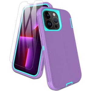 for iPhone 13 Pro Max Case, with Screen Protector, Dust-Proof Port Cover, Full-Body Non-Slip Silicone Rubber Covered, Military Grade Drop-Proof Shockproof Phone Case, Mint/Purple