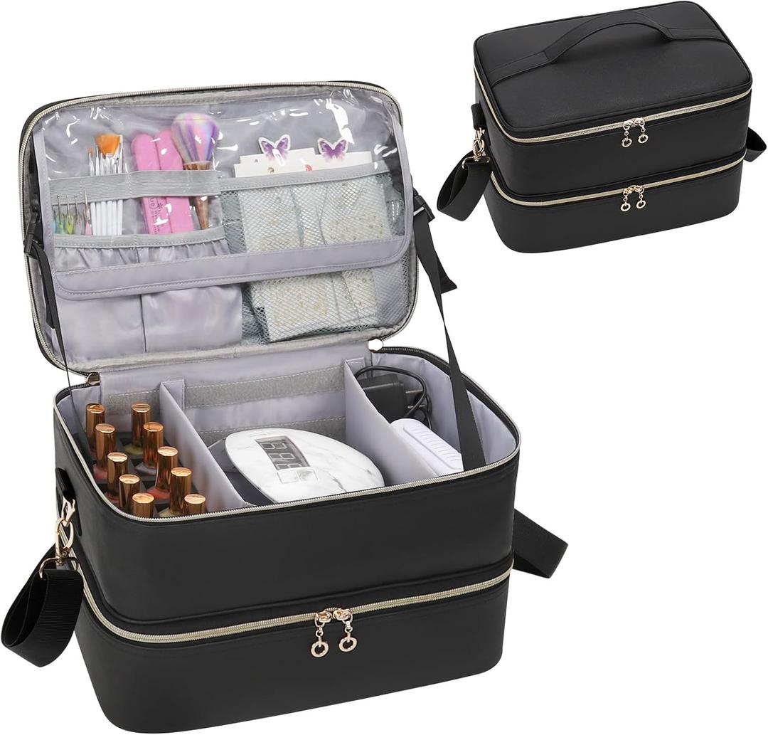 Ethereal Nail Polish Organizer Case, Leather Nail Polish Bag Holds 50+ Bottles (5ml/0.5fl.oz) and Nail Lamp, Nail Storage Organizer with Compartment, Leather Black