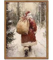 Vintage Christmas Tree Wall Art Winter Snowy Landscape Wall Decor Paintings, Natural Pine Canvas Picture Print for Mantel Living Room Bedroom 12x16 inch Wood Framed