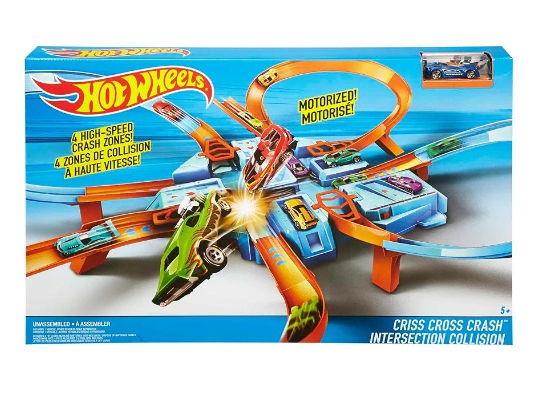 Hot Wheels Toy Car Track Set, Criss Cross Crash with 1:64 Scale Vehicle, Powered by a Motorized Booster 