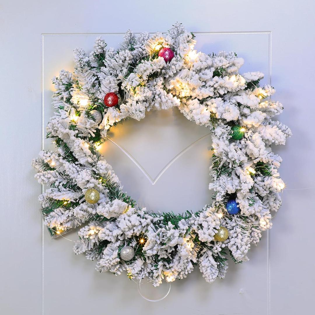 Chuangdi 24 Inch Christmas Wreath Flocked Snow Kissed Pine Wreath Christmas Wreath with Multicolor Foam Ball LED Lights Artificial Christmas Wreath for Front Door Christmas Decor Not Included Battery