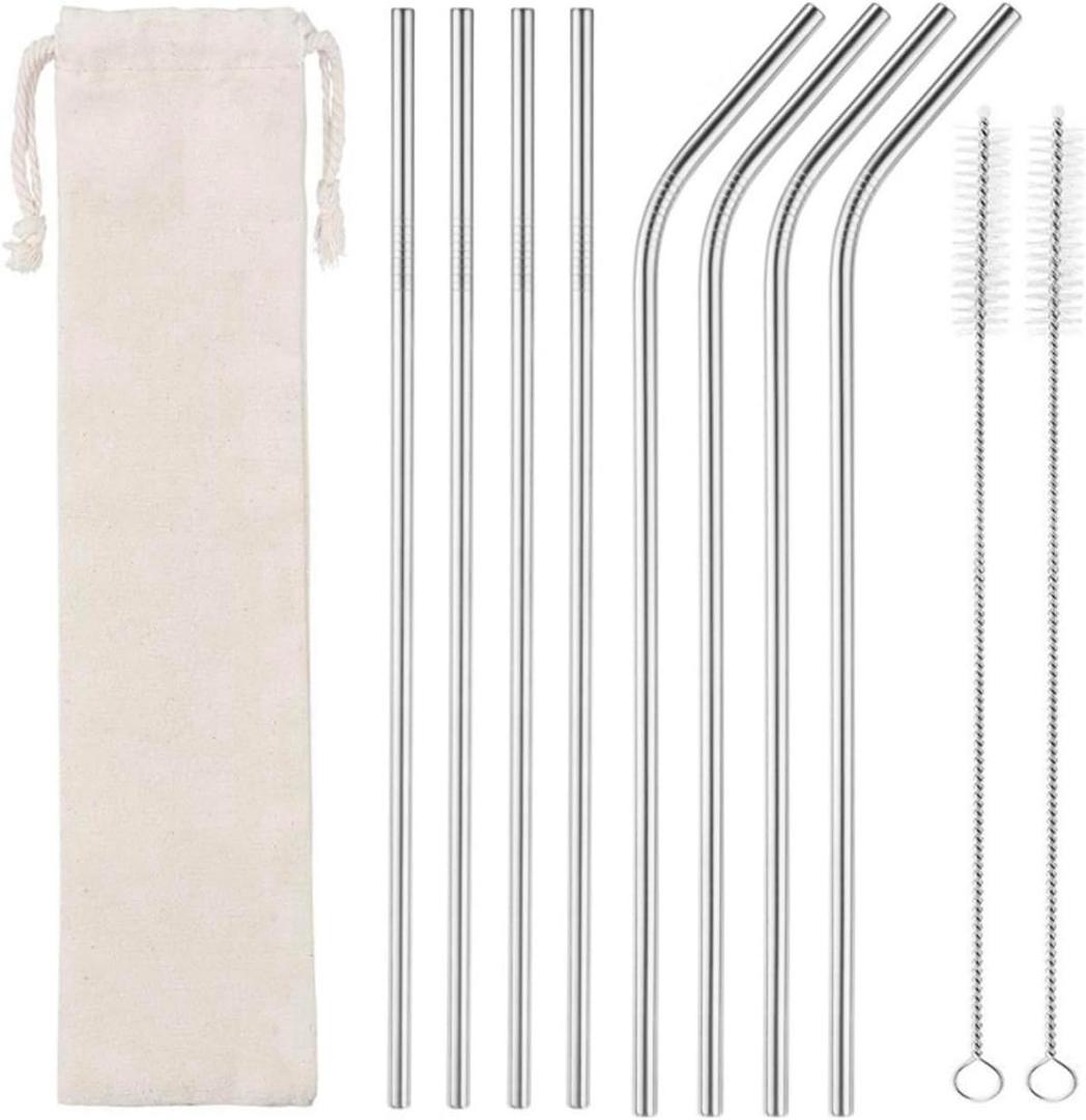 Silver 8-Pack Stainless Steel Drinking Straws  10.5 Long, Fits Cups Up to 30 OZ. Includes 2 Cleaning Brushes and a Carrying Case for Easy Storage and Travel. Durable and Reusable.