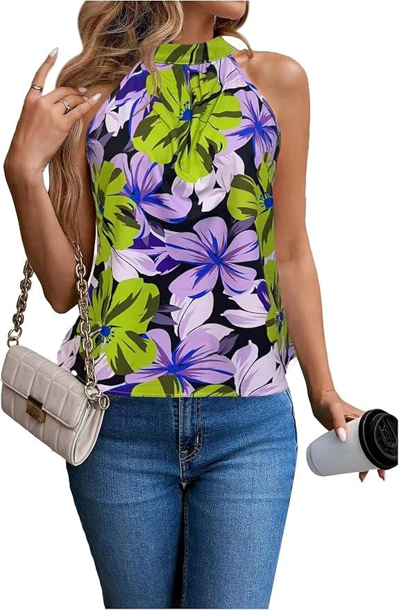 RoseSeek Women's Tropical Paisley Print Halter Blouse Sleeveless Boho Shirt Tops Button Back Vacation Tops, Size: Small