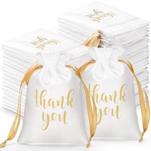 Roowest 100 Pcs Thank You Satin Gift Bags Drawstring Jewelry Candy Pouches for Wedding Bridal Shower Baby Shower Favor Drawstring Bag for Birthday Holiday Party(5 x 7 Inch,White)
