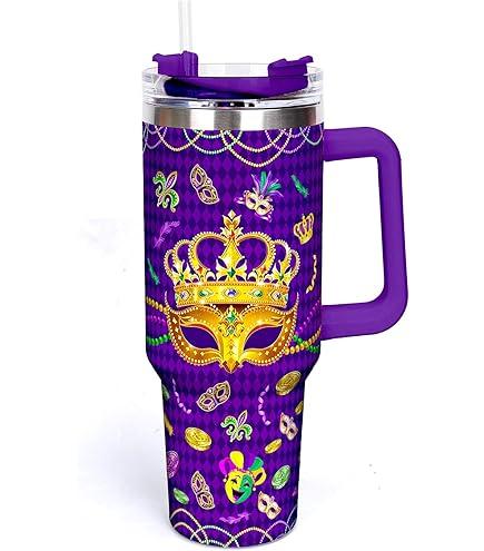 TheMogan 30 oz Tumbler with Handle and Flip Straw, Stainless Steel Vacuum Insulated Water Bottle Travel Mug Thermal Cup Mirror Mardi Gras