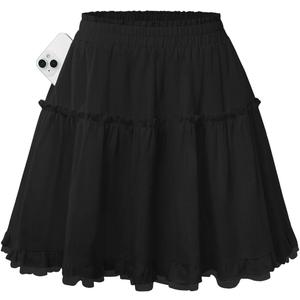 Kate Kasin Women Cotton Mini Skirts with Shorts Underneath, Ruffle Lace Skirt Flowy, Tiered Skorts with Pockets XXL