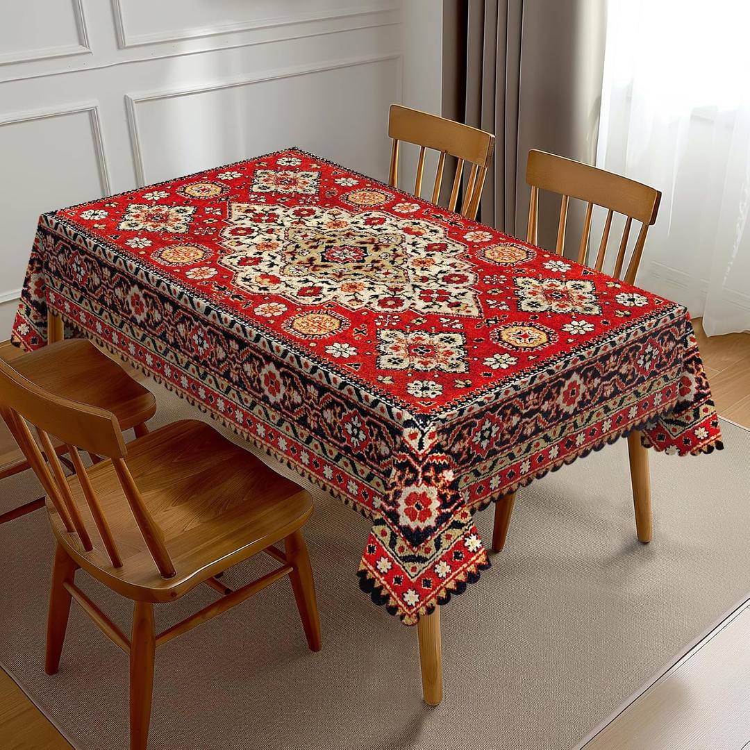 Royal Red Moroccan Tablecloth Old Red Persian Carpet Texture Abstract Table Cloth Rectangle Table Cover Kitchen Decorations for Home Dinner Party 54 x 72 Inch