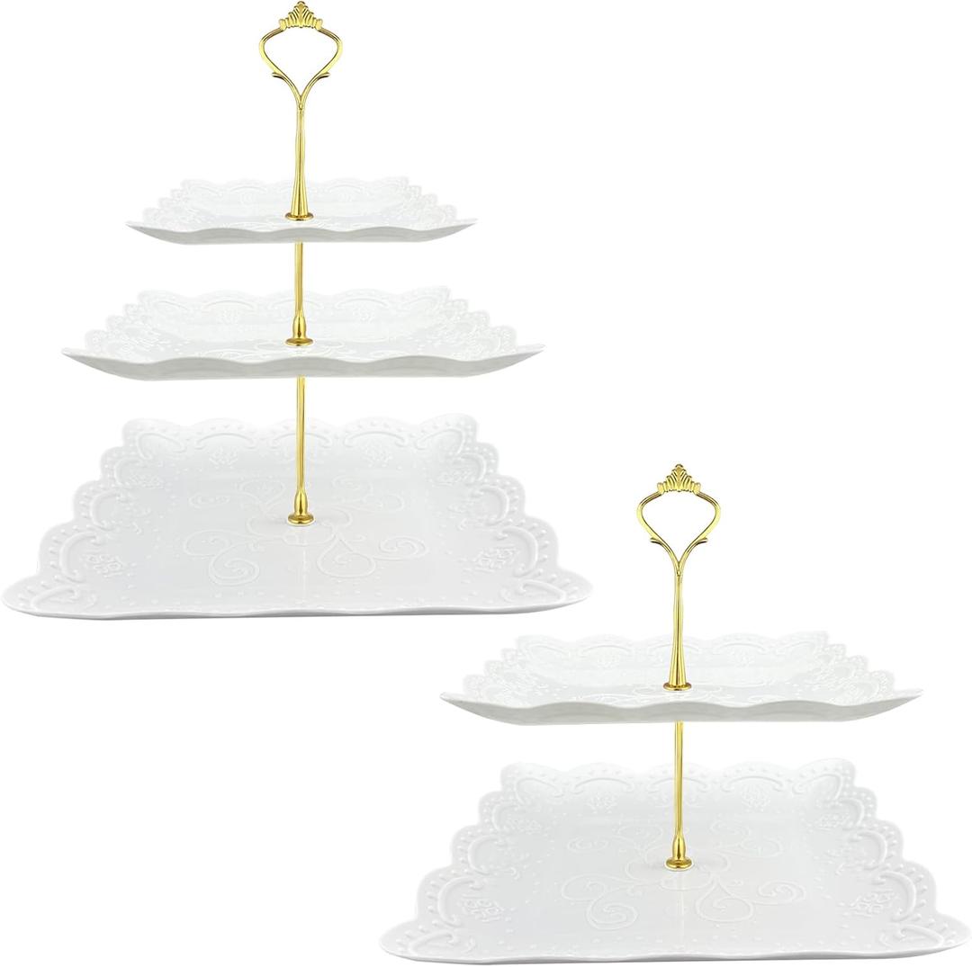 2 Pack Cupcake Stands, Square 2-Tier & 3-Tier Cake Stand Set White Tiered Seving Tray Stand Suitable for Birthday Wedding Tea Party Baby Shower with Metal Holder