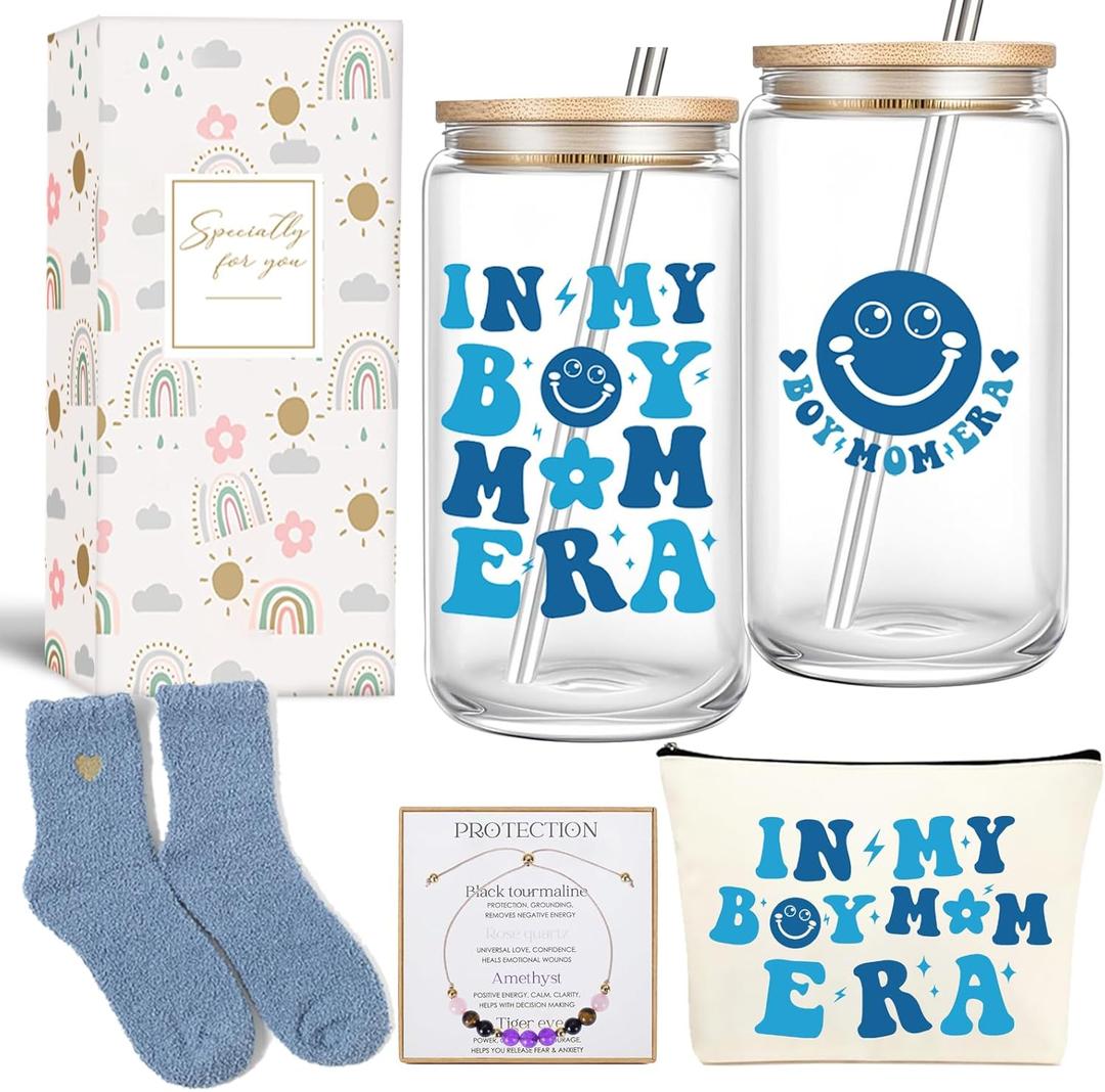 Boy Mom Gifts In My Boy Mom Era 16 oz Iced Coffee Glass with Lid and Straw First Mothers Day Gift for New Moms, Mother, Mama New Moms Gifts