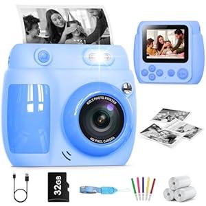 Gofunly Kids Camera Instant Print, Birthday Gifts for Girls Boys with 3 Rolls Print Paper & 32GB Card, 48MP Kids Digital Camera 1080P HD Video Toddler Toy Cameras for 3-12 Years Old, Blue