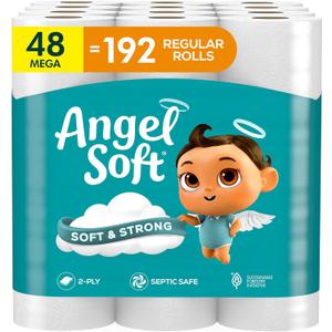 Angel Soft Toilet Paper, 48 Mega Rolls = 192 Regular Rolls, Soft and Strong Toilet Tissue (15360 sheet (Pack of 1))