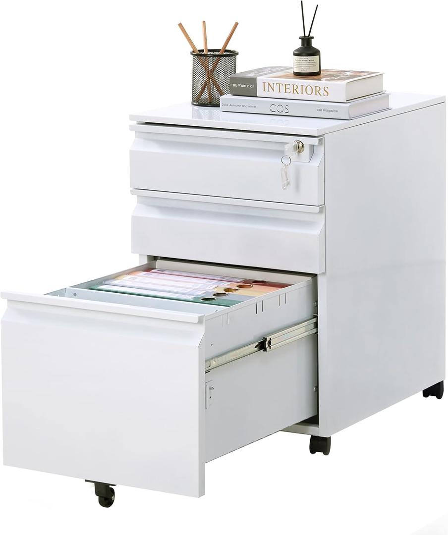 Filing Cabinets for Home Office Organizer, 3 Drawer Mobile File Cabinet with Lock & Anti-Tip Wheel,Under Desk Metal Filing Cabinets ForLetters/Legal/a4 (Un-Assembled)