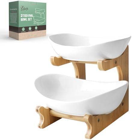 Amazon.com: Seven Sparta 2 Tier Fruit Bowl for Kitchen Counter/Ceramic Serving Bowls with Bamboo Stand/Tiered Fruit Basket for Fruit Vegetable Storage, Cake, Dessert, Nuts, Snack, Salad (Dishwasher Safe) : Home & Kitchen