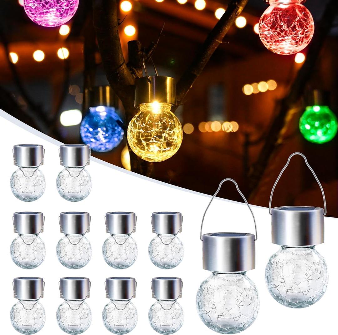 GIGALUMI Solar Lights Outdoor Waterproof, 12 Pack Solar Hanging Lights Garden Decor, Gifts for Women, Solar Outdoor Lantern Waterproof Cracked Glass for Yard, Fence, Tree