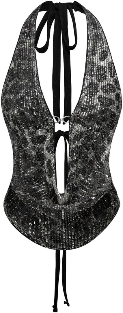 Verdusa Women's Cheetah Print Sequin Top Y2K Tie Back Corset Halter Going Out Crop Tops (Medium, Black)