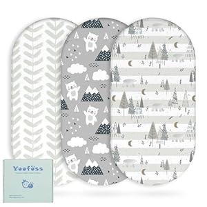 Yoofoss Bassinet Sheets for Baby, 3-Pack Fitted Bassinet Sheets Set Compatible with Halo Bassinest Swivel Sleeper, Baby Delight, Angelbliss, Soft Breathable Bassinet Mattress Sheets(Grey+Bear)