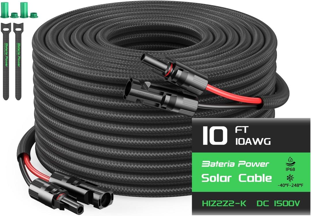 10FT Twin Wire Solar Panel Extension Cable, 10 Gauge PV Wire with IP68 Female & Male Waterproof Connectors, Flame Retardant Protective Sleeving and Dust Caps for Home, RV, Photovoltaic Systems