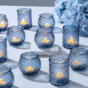 WELLIFE 24-Piece Blue Glass Votive Candle Holders Set Tealight Candle Holder Glass Bulk with 12 Round & 12 Hammered Textured Cups, Blue Votive Candle Holders for Weddings, Parties, Home
