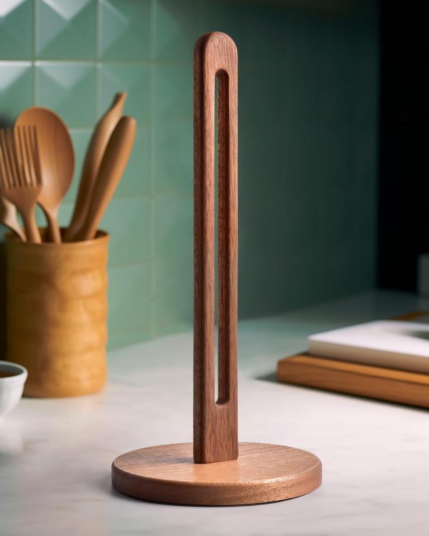 Acacia Wooden Paper Towel Holder Stand for Jumbo Roll - Stylish Kitchen Paper Rack Bathroom Towel Roll Stand Organizer, UA, Solid Wood Simply Standing Countertop Paper Roll Holder, Standard