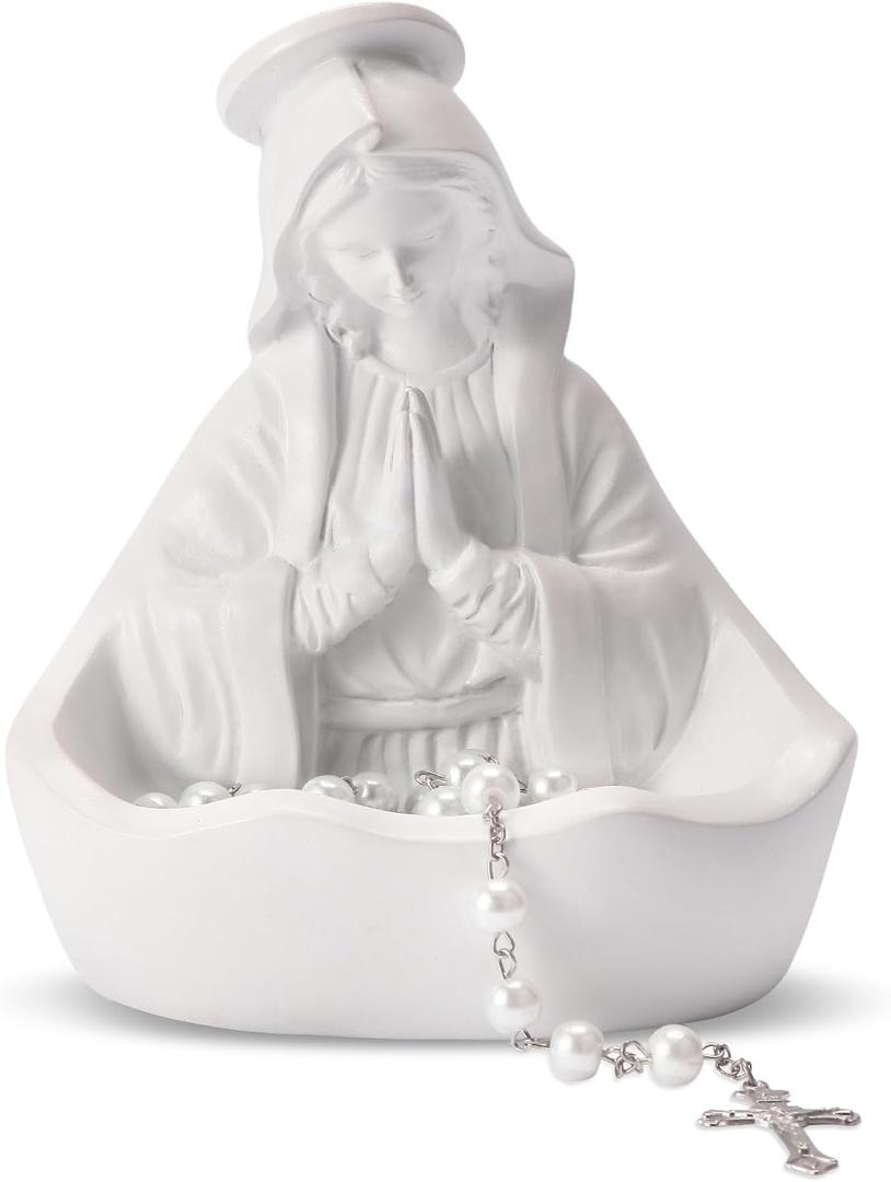 Virgin Mary Statue, Catholic Gifts for Women, Virgin Mary Keepsake Rosary Holder, 5.5" Blessed Mother Statues, Catholic Decor (White)