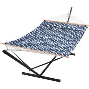 SUNCREAT Two Person Hammock with Stand, 475 lbs Capacity, Portable Patio Hammock with Hardwood Spreader Bar, Large Soft Pillow, Blue Pattern (Navy & White)
