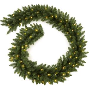 Christmas Garland with Prelit 9ft with 50 Warm White Lights, Pulg in, Green PVC Mixed PE for Indoor Holiday Door Home Decorations Stairs Fireplaces Wall