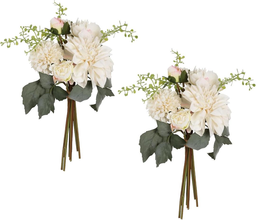 2 Bouquets White Artificial Peonies Combo Faux Dahlia Flowers 18stems Faux Flowers for Vase White Fake Flowers for Home Decoration Wedding Decoration Bride Bouquet (White)