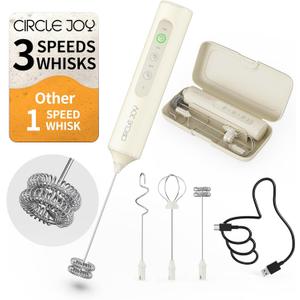 CIRCLE JOY Rechargeable Handheld Milk Frother Wand with 3 Variable Speeds, 3 Whisks and Storage Box, Electric Drink Mixer for Latte, Cappuccino, Hot Chocolate, Eggs and Protein Powder, Beige