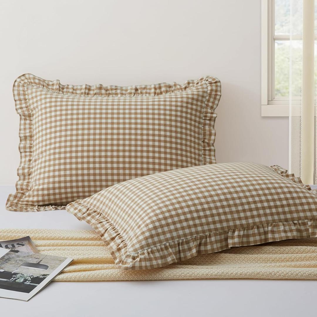 KKJIAF 2 Pcs Plaid Ruffle Pillow Case King Size, Ruffled Gingham Cotton Pillowcases 20x36 Inch, Linen Feel Plaid Bed Pillow Shams with Envelope Closure for Sofa Bed (Taupe)