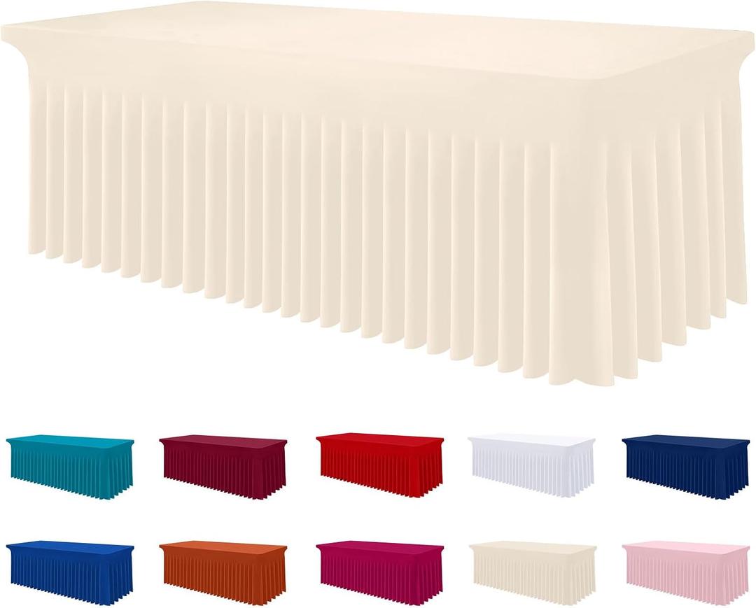 Smiry Spandex Tablecloth 6 Pack, Elastic Fitted Stretch Tablecloth for 8FT Rectangle Tables, Waterproof Washable Table Cover Skirt for Wedding, Banquet & Parties (Beige, 96Lx30Wx30H Inch)