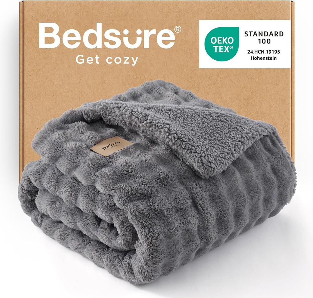 Bedsure Bubble Sherpa Throw Blanket for Couch - Fuzzy Fleece Thick Warm Blanket for Winter, GentleSoft Cozy Plush Throw Gift for Women, Room Decor, Grey, 50x60 Inches
