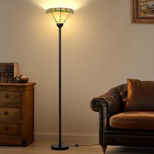 Tiffany Floor Lamp, Torchiere Standing Lamp with Stained Glass Shade, Vintage Tall Pole Lamp with Foot Switch, Decorative Corner Light for Living Room Bedroom Home Office(E26 Base)