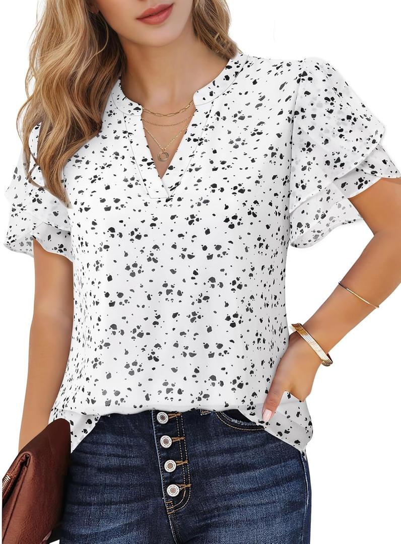 Lotusmile Womens Dressy Chiffon Blouses Summer Puff Petal Short Sleeve Shirts V Neck Casual Work Tops (Medium, White Dot)