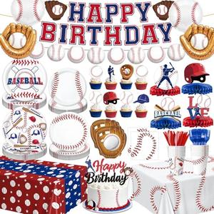 Baseball Birthday Decorations Set Includes Plates, Napkins, Cups, Cutlery, Toppers, Banner, Hanging Swirls, Tablecloths, Honeycomb Centerpieces, Foil Balloons for Baseball Party Decorations, Serves 24