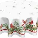 Kawani Winter Holly Tablecloth Round 60 Inch Christmas Red Birds Watercolor Trees Leaves Decorative Table Cloth Xmas Holiday Polyester Table Cover for Dining Room Home Christmas Table Decor