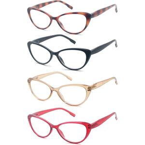 MODFANS 4 Pack Fashion Designer Cat Eye Reading Glasses for Womens with Spring Hinge Stylish Comfortable Readers, +3.5