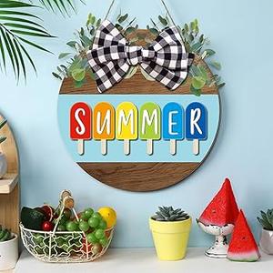 Boao 12 x 12 Inch Hello Summer Door Sign Ice Cream Welcome Summer Wreath Decor Beach Hanging Door Hanger Farmhouse Decorations for Wall Front Porch Decor (Ice Lolly)